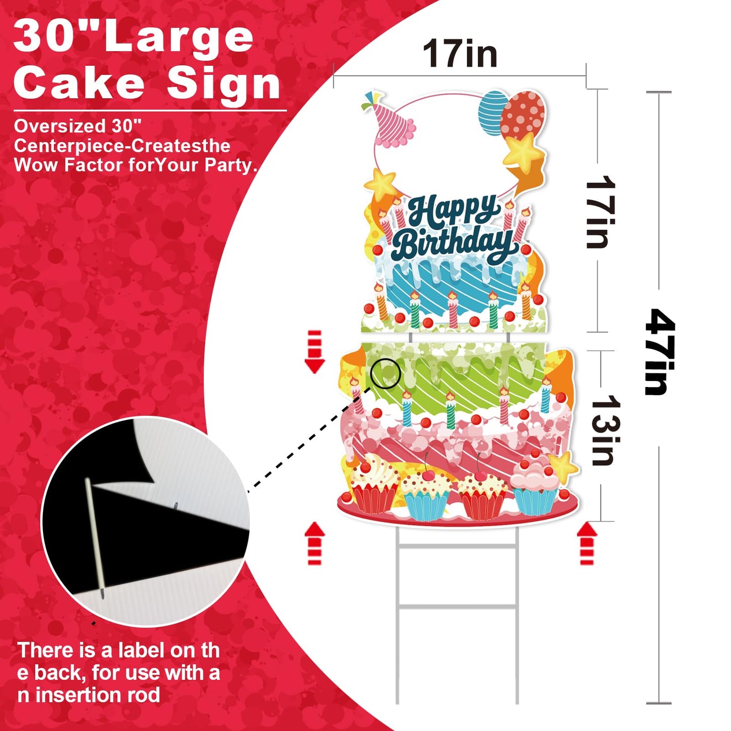 GXGGUS Happy Birthday Yard Signs Outdoor Decorations - 19 PCS Set with 16" Letters, 30" Large Cake Sign on H-Shaped Metal Stand, 32.8 Ft LED Lights & Stakes for Lawn Garden Party