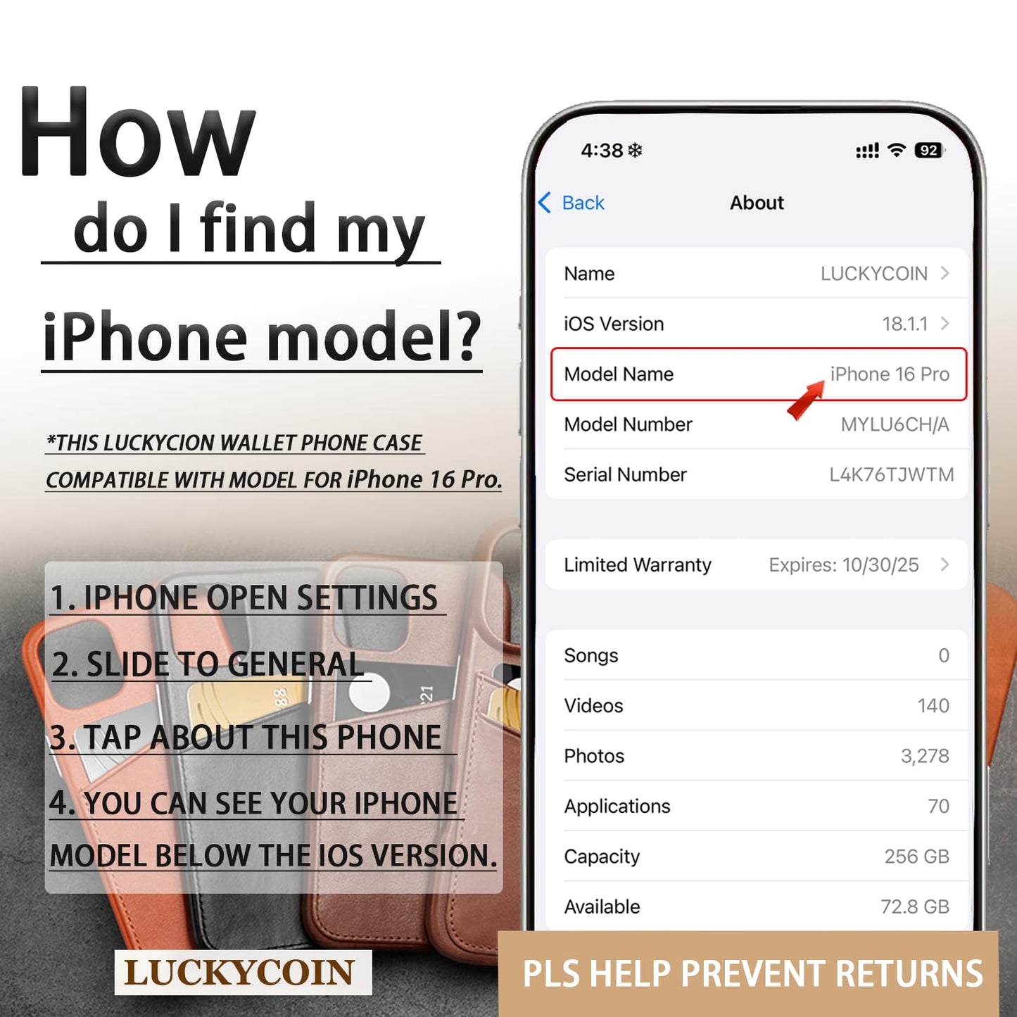 LUCKYCOIN 100% Genuine Leather Wallet Phone Case for iPhone 16 Pro, Slim Design with Card Holder, Shockproof Protective Cover, Microfiber Lining & Metal Buttons, for Men and Women, Tan