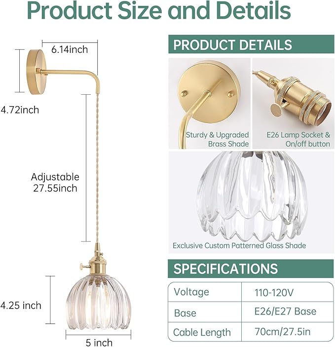 Vintage Wall Sconce Wall Lamp Clear Tulip Shade Pattern Glass Adjustable Chain Retro Gold Wall Mounted Light, Wall Lamp Fixtures Decor for Bedside Bedroom Indoor Doorway