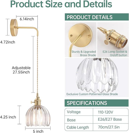Vintage Wall Sconce Wall Lamp Clear Tulip Shade Pattern Glass Adjustable Chain Retro Gold Wall Mounted Light, Wall Lamp Fixtures Decor for Bedside Bedroom Indoor Doorway