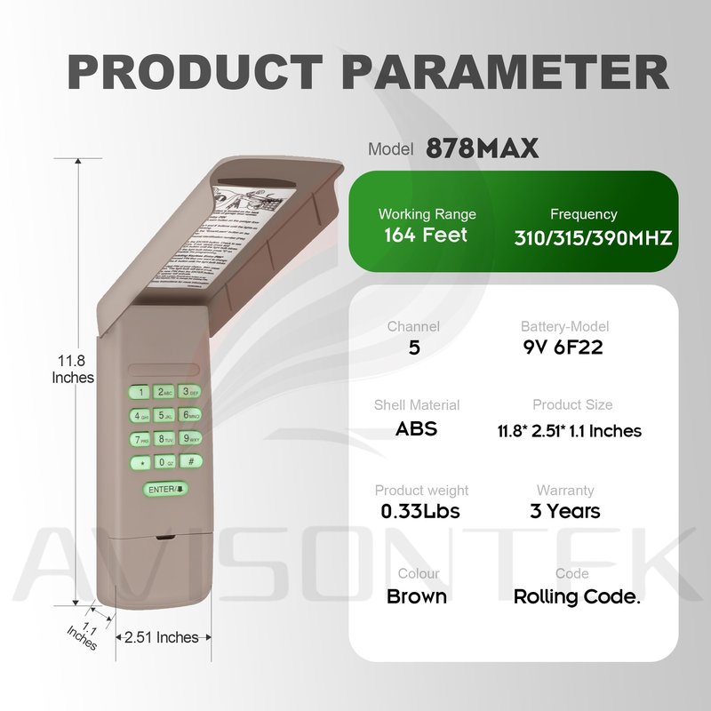 Avisontek for LiftMaster 878Max 877LM Universal Garage Door Opener Keypad FCC Certified 3-Year Warranty