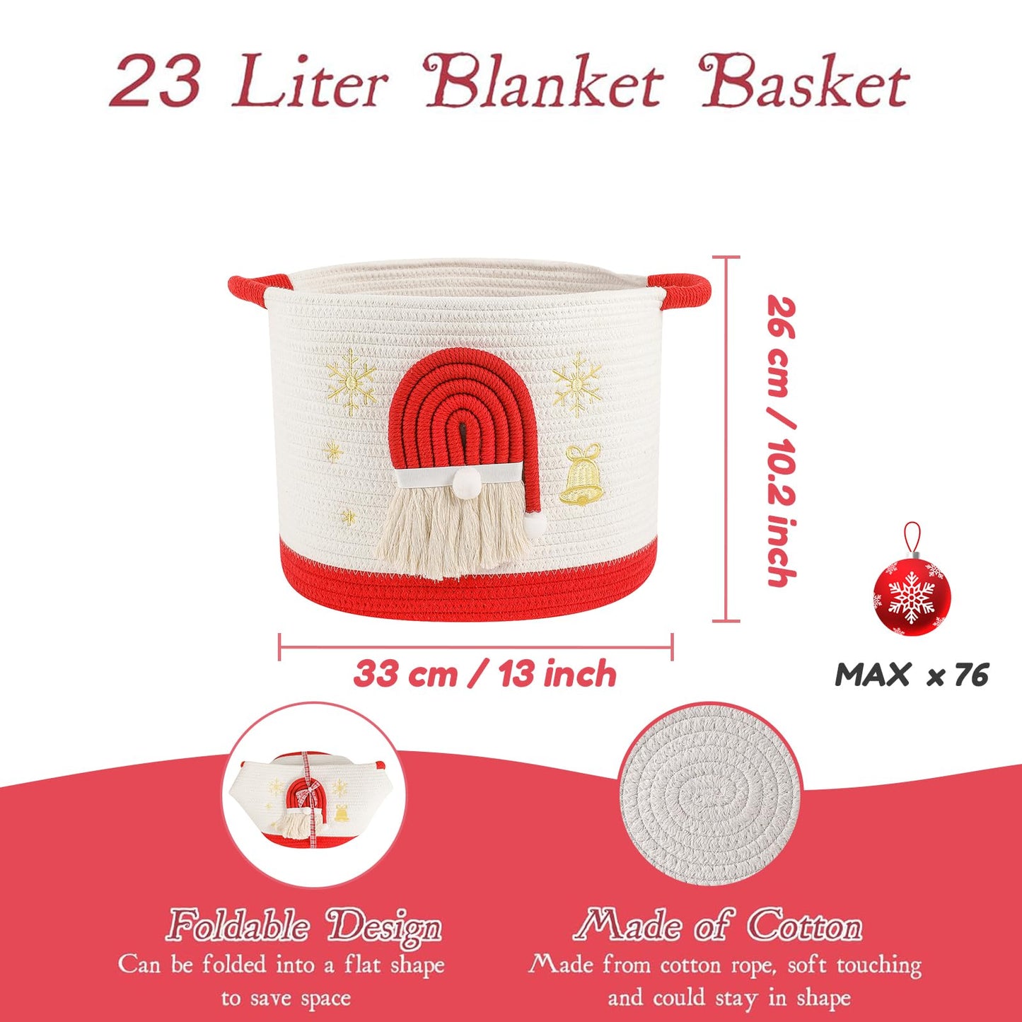 Christmas Basket Cotton Rope Blanket Storage Basket Large Christmas Buckets with Red Handle, Laundry Baskets with 3D Santa Claus Raffle Basket Holiday Baskets Empty for Gifts Decorative Winter Baskets
