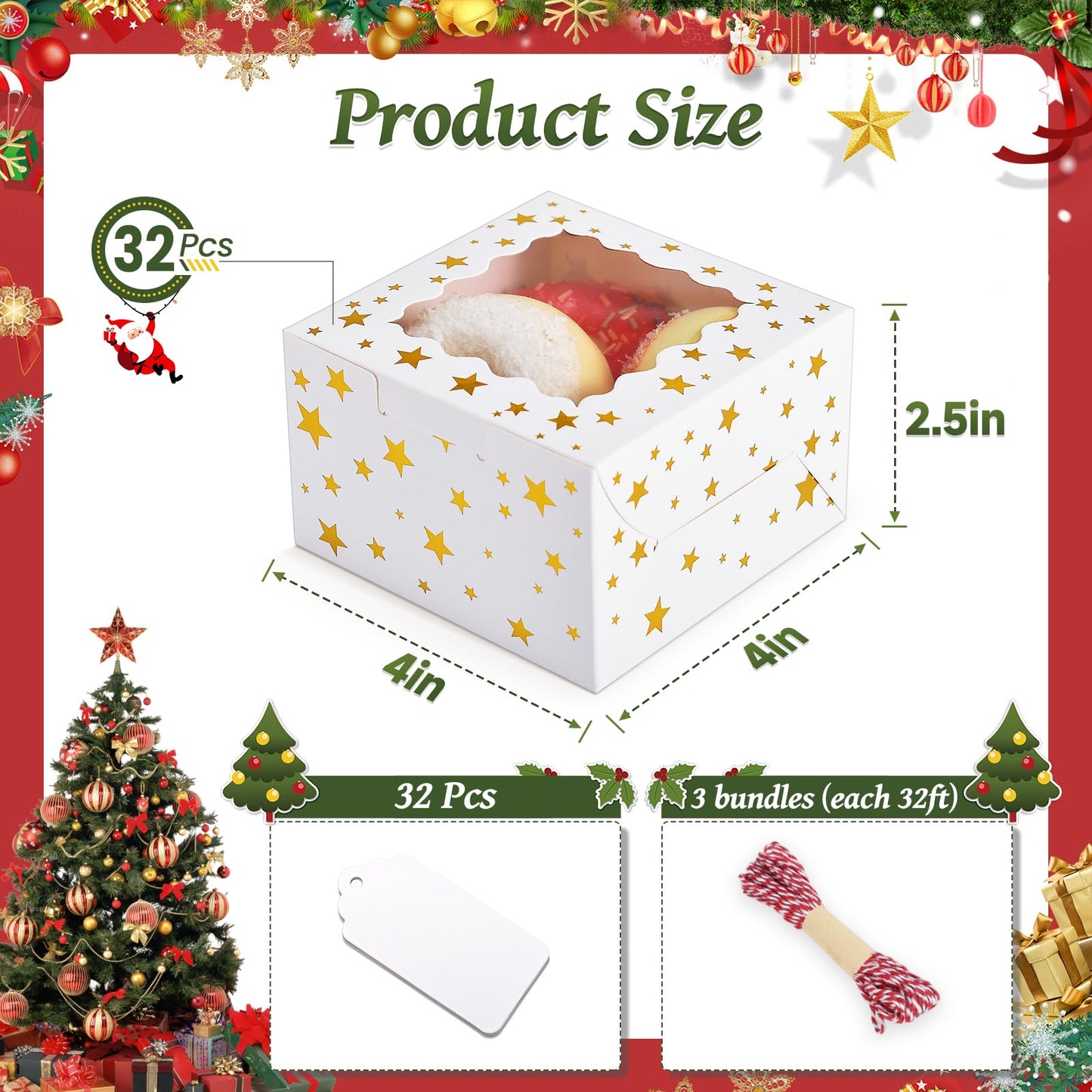 DOYIDE 32Pcs 4x4x2.5 in Christmas Cookie Boxes with Window, White Bakery Boxes for Cookie, Treat Boxes Pastry Boxes for Gift Giving, Chocolate Covered Strawberries, Dessert, Donut, Cupcakes Muffins