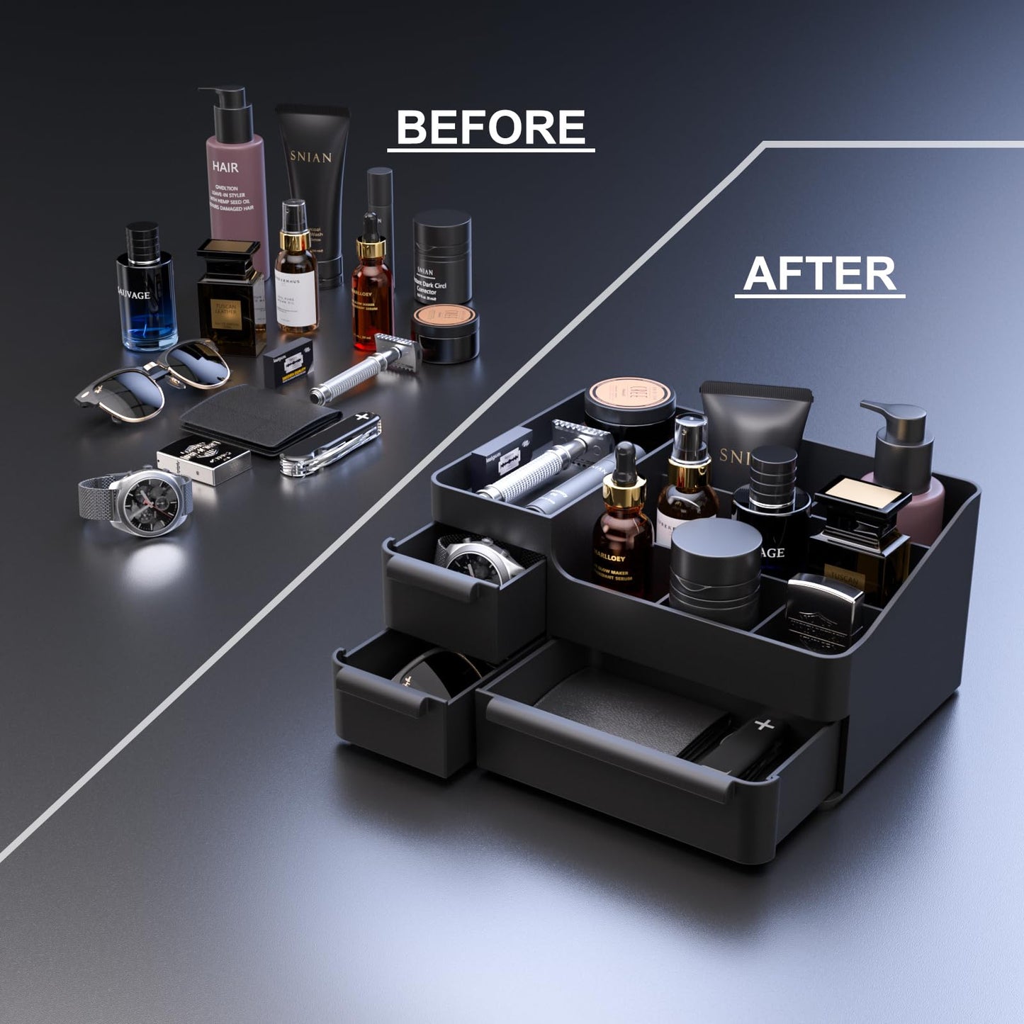 Rasydyn Men's Cologne Organizer with Drawers: Black Men Bathroom Counter Organizer, Dresser Organizer for Shaving Kit, Skincare, Gifts for Men