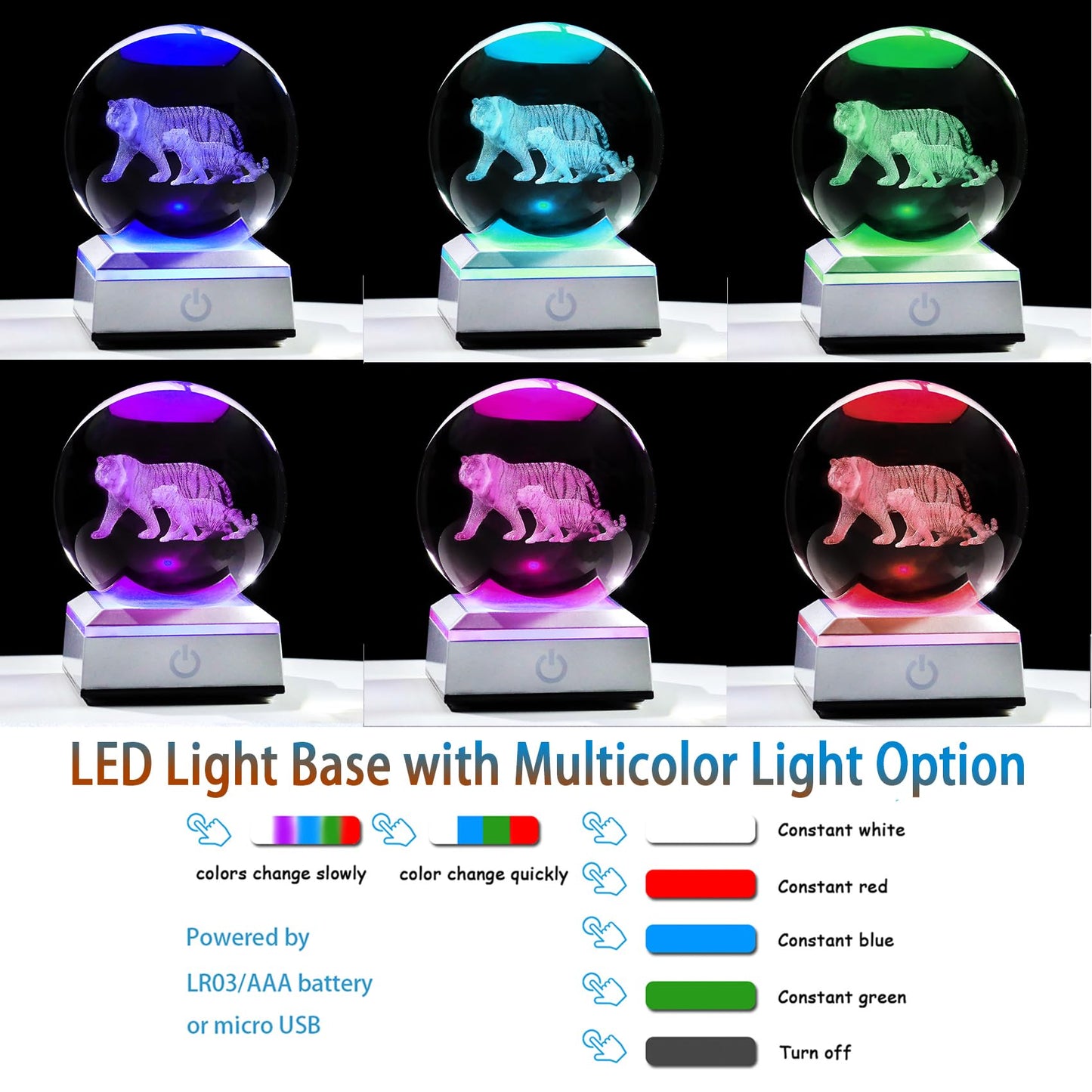 Ornalrist 3D Tiger's Crystal Ball with LED Light Base 3.15in - Tiger Gifts for Women, Mom on Mother's Day from Son, Daughter - 3D Crystal Ball Lamp Engraved Tiger Mother & Child Figurine Home Decor