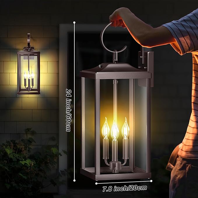 2 Packs 24" Extra Large Dusk to Dawn Light Fixture 3-Light, Oil Rubbed Bronze Outdoor Porch Lantern Wall Mounted, Waterproof Modern Outside Wall Sconce Brown Lamp for House, E12