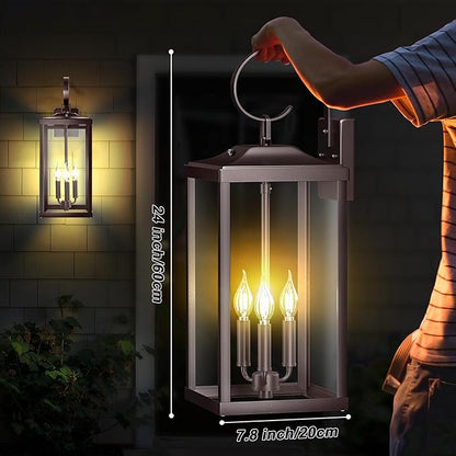 2 Packs 24" Extra Large Dusk to Dawn Light Fixture 3-Light, Oil Rubbed Bronze Outdoor Porch Lantern Wall Mounted, Waterproof Modern Outside Wall Sconce Brown Lamp for House, E12