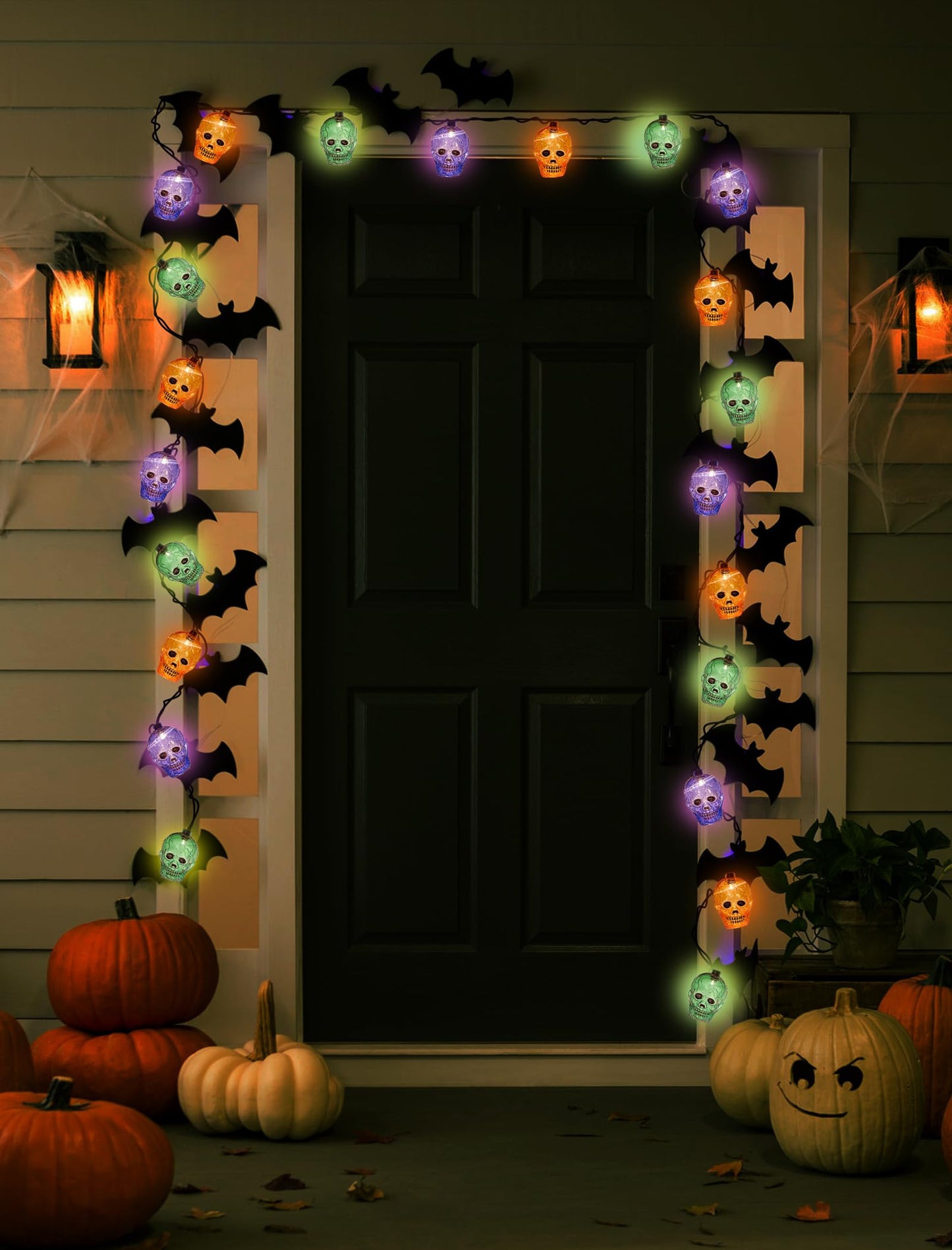 Halloween Skull String Lights Outdoor, 8.5Ft Ghost Head Lights with 10 LED Orange Green Purple Skull Head Lights, Hanging Halloween Decoration Skeleton Light for Patio, Porch, House, Party Decorations
