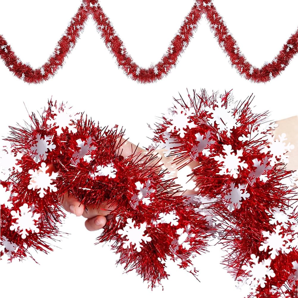 66Ft Christmas Red Tinsel Garland Xmas Tree Decorations Shiny Thick Red with Snowflake Metallic Twist Garland Ceiling Hanging Decor for New Year Party Holiday Indoor Outdoor Supplies