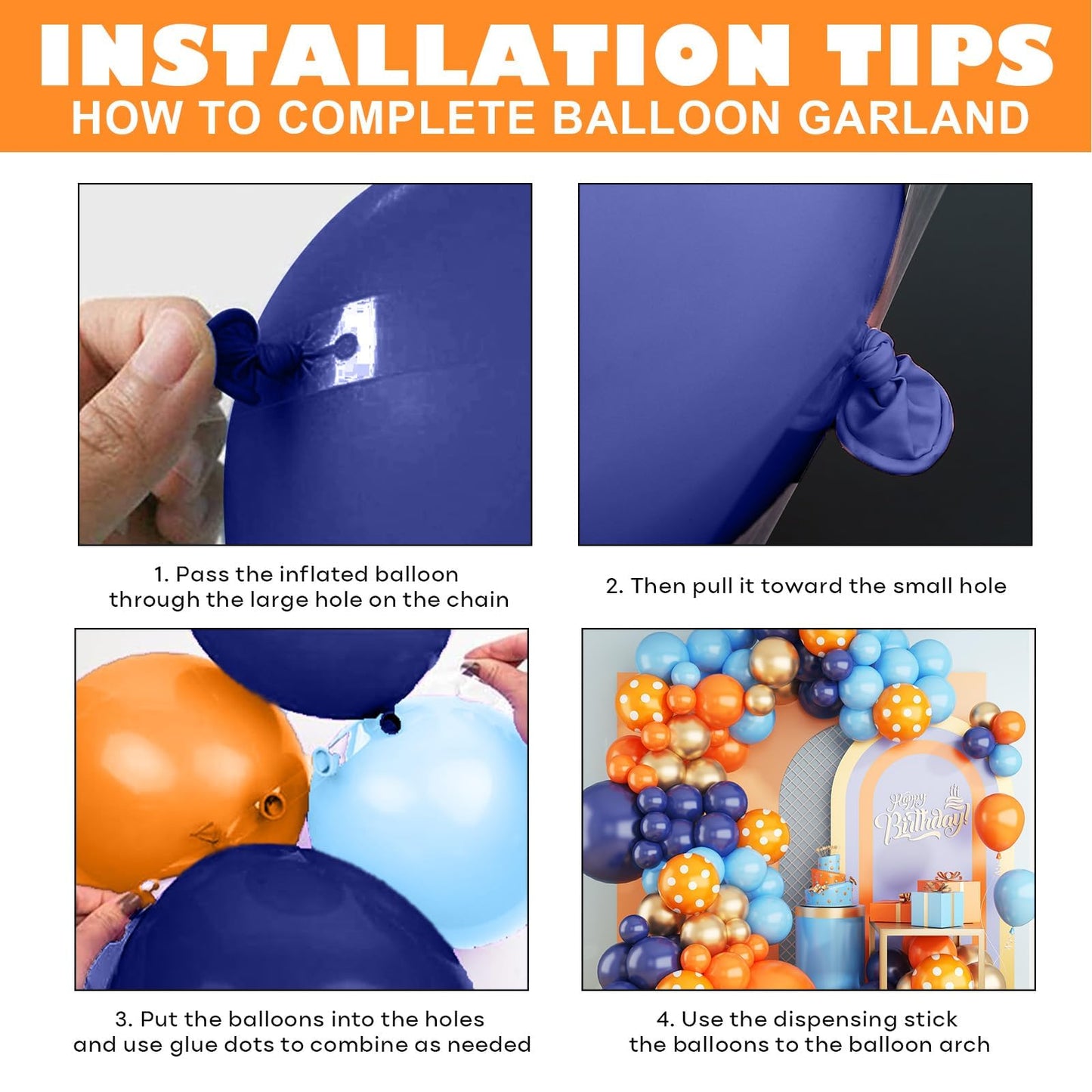 Blue and Orange Balloons Arch Kit, 108 Pcs Navy Blue Balloon Garland Kit with Metallic Gold Orange Dot Latex Balloons for Kids Boys Cartoon Theme Party Baby Shower Boys Birthday Decorations