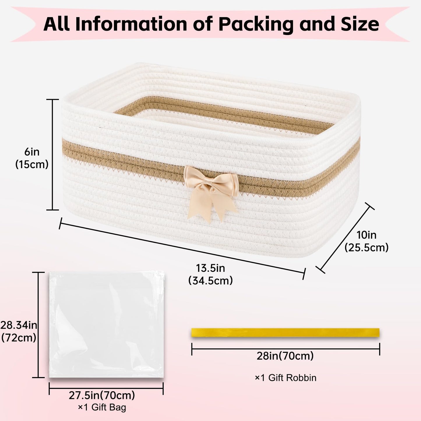 OIAHOMY Large Woven Storage Basket with Handles for Nursery Living Room Shelves, Bow Basket for Gifts Empty with Gift Bags and Ribbons for Baby Showers Pet Toy Bin - White