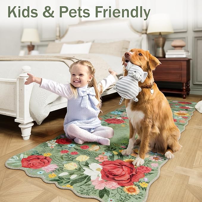 Washable Rugs for Living Room: 6x9 Area Rugs for Bedroom Soft Ultra Thin Stain Resistant Non Slip Low Pile Lightweight Vintage Floral Carpet for Dining Room Decor (Green)
