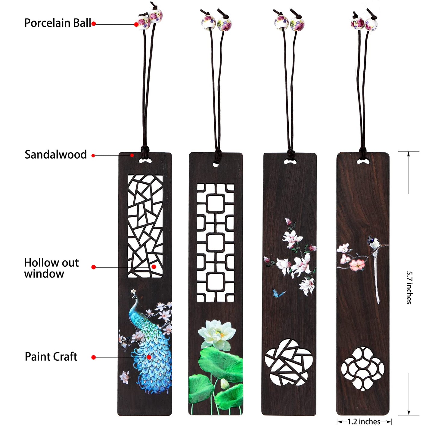 ZIZZON Wooden Bookmark for Men Women, Handmade Natural Wood Carving, Hollow Out and Painted Craft, Ideal Gifts for Men Women Friends Girls Teachers, Birthday Present (Peacock and Lotus)