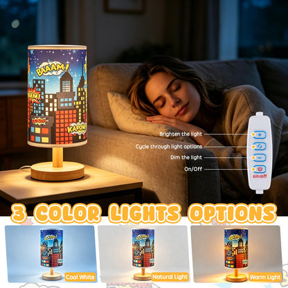 LuckyDAFei City Table Lamp for Kids Bedroom, 3-Way Dimmable Bedside Lamp with Wooden Base and Fabric Shade, Comic Book Night Light for Boys Room Decor, Cartoon Skyline Lamp for Nursery Playroom