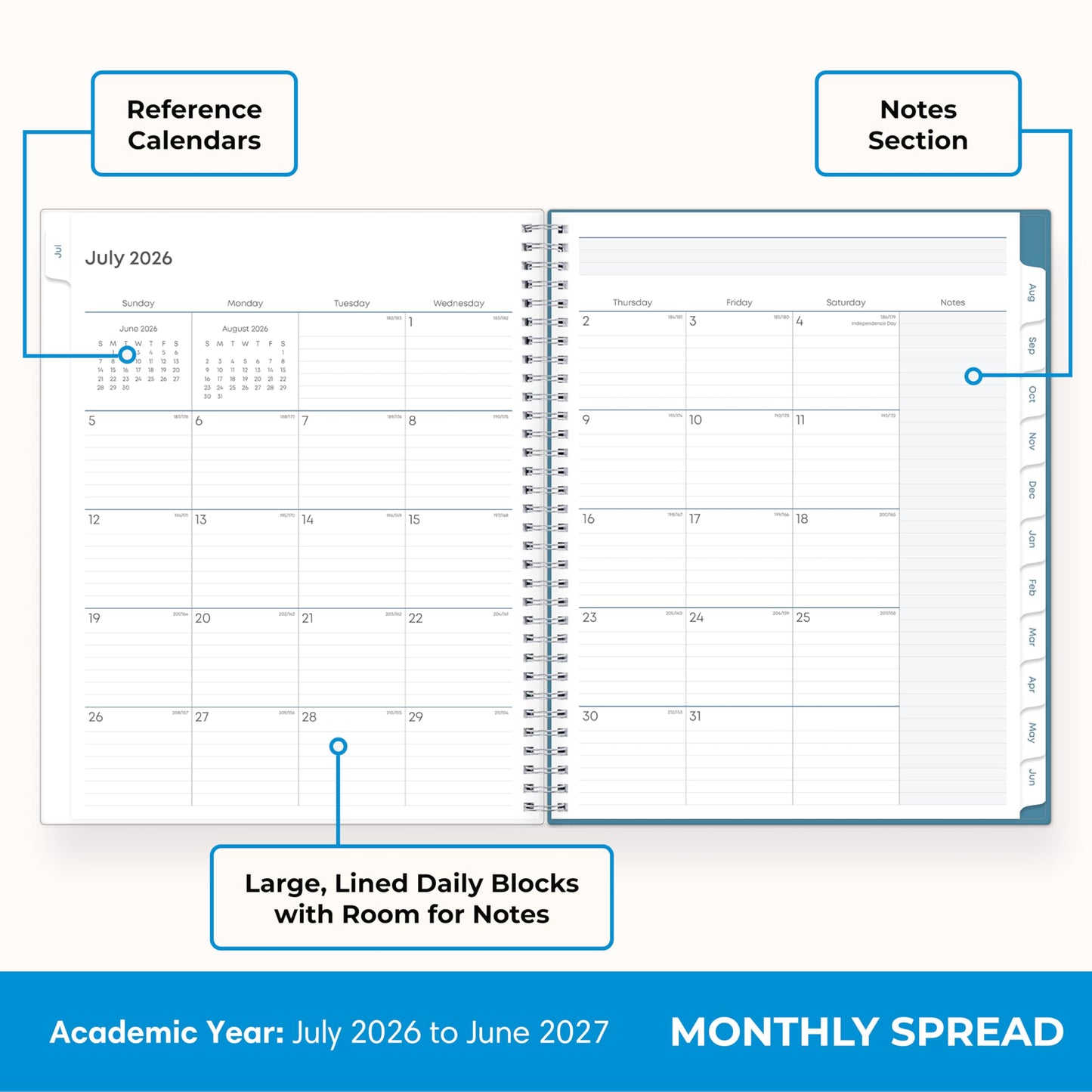 Blue Sky 2026-2027 Weekly and Monthly Academic Year Teacher Lesson Planner Calendar, July 2026 - June 2027, 8.5" x 11", Clear Pocket Cover, Wirebound, Laminated Tabs, Storage Pocket, Ditsy Dapple Light