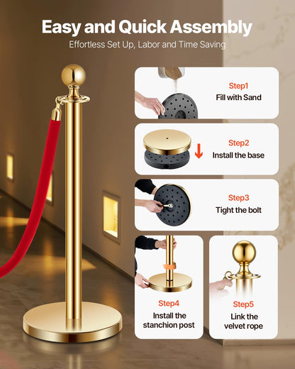 VEVOR Stanchions and Velvet Ropes 4Pcs, Hollow Base with Stainless Steel Post, 2 Red Velvet Ropes and Posts, Crowd Control Barriers Gold Stanchions, Red Carpet Runner Poles for Party Supplies