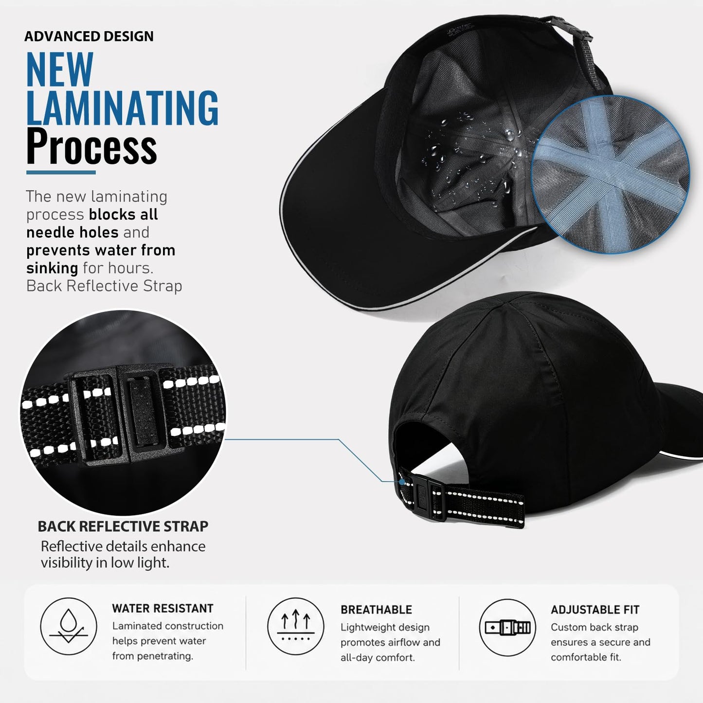 Waterproof Baseball Cap for Men Women UPF 50+ Reflective Quick Dry Running Hat Breathable Rain Golf Cap with Sweatband Black