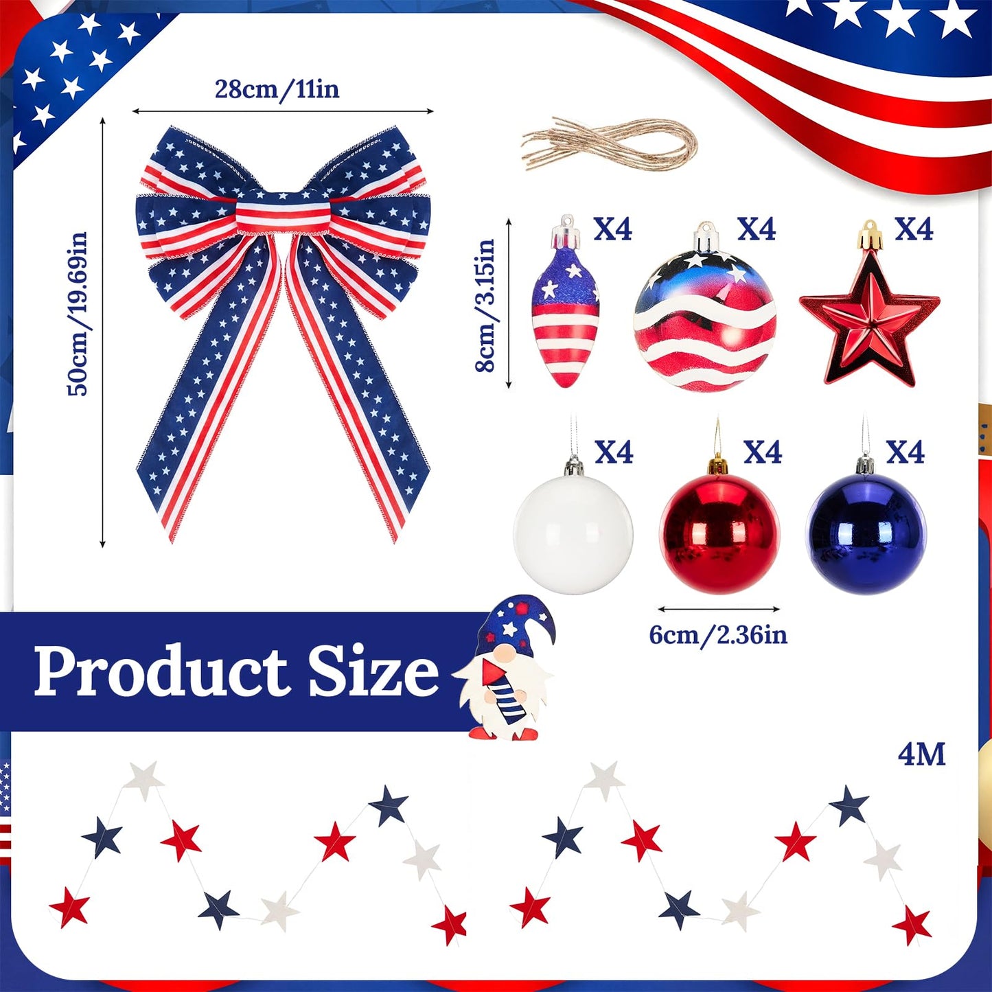 4th of July Christmas Tree Decorations Set with LED Light - Patriotic Red White and Blue Hanging Ornaments, Star Garland & Wreath Bow Tree Topper for Independence National Memorial Day Party