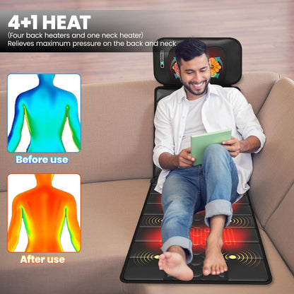 Massage-Mat, Detachable Neck Massager, Full Body Vibration Heating, Massage Pad with 10 Vibrating Motors and 9 Speed Settings for Home Office Use, Black