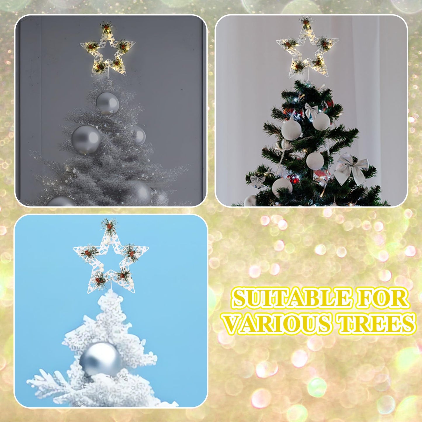 Amyhill White Christmas Star Tree Topper Decor 8 x 11 Inch Farmhouse Rustic Lighted Metal Tree Topper Farmhouse Christmas Ornament for Xmas Holiday Seasonal Decorations