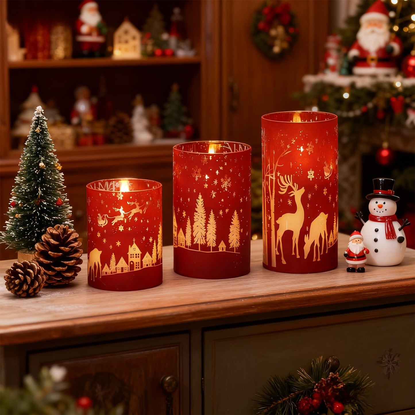 Wondise Red Christmas Reindeer LED Flameless Candles with Remote Timer, Electroplate Glass Battery Operated Real Wax Flickering 3D Wick Pillar Candles for Christmas Holiday Home Decoration
