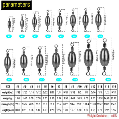 AMYSPORTS Saltwater Fishing Weights Swivel Bullet Sinkers Fishing Weight Brass Fishing Weights Freshwater Bass Sinker Weight with Swivel Rolling 15pcs 1/8oz