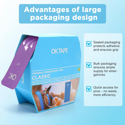 OK TAPE Kinesiology Tape Pre Cut Strips Bulk (100 PCS),Elastic Cotton Latex Free Hypoallergenic Athletic Tape Roll for Muscle Joint Knee,Waterproof 2in×10in/PCS