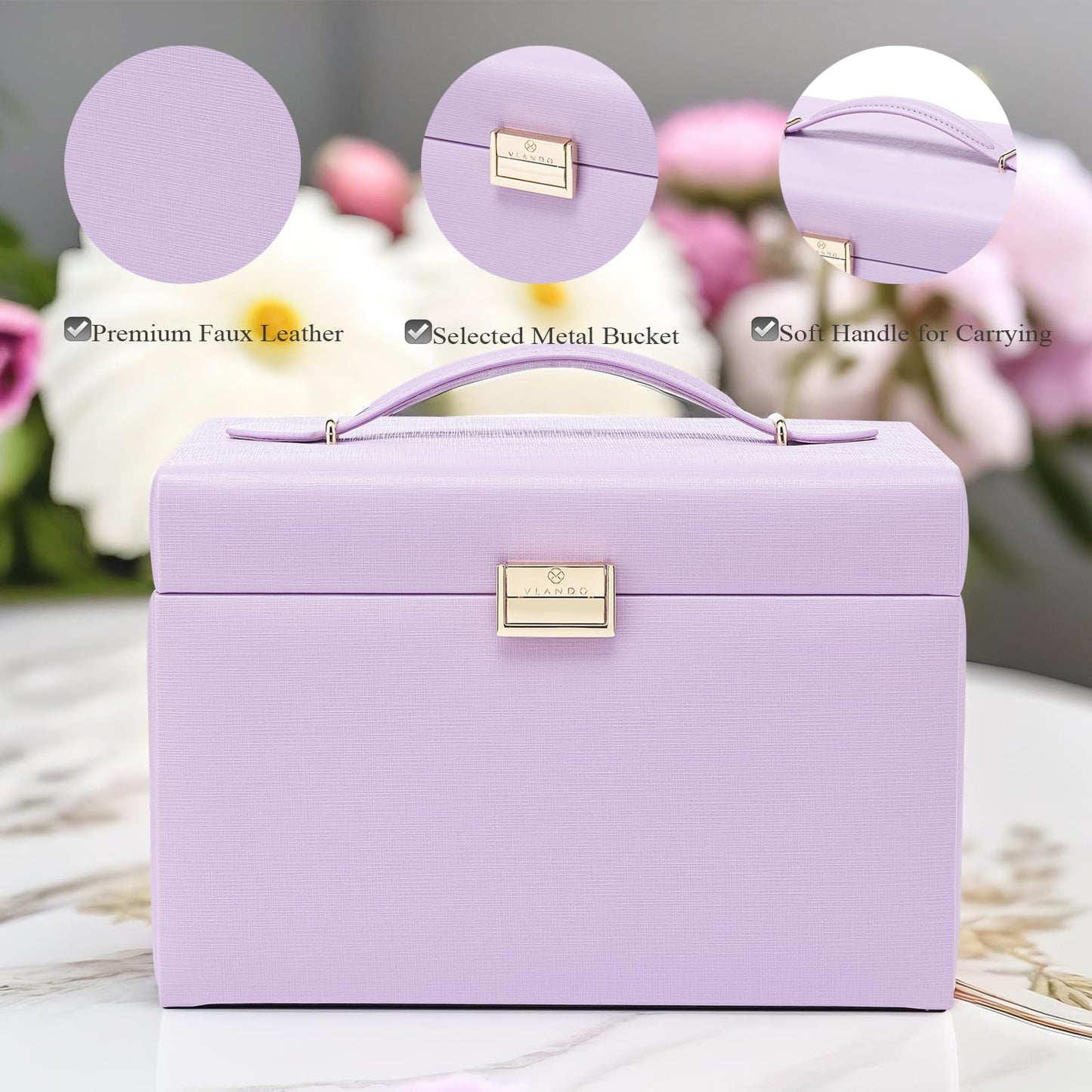 Vlando Mirrored Jewelry Box Organizer, Leather Jewelry Storage Case, Necklaces Earrings Rings Brackets Box Holder, Purple