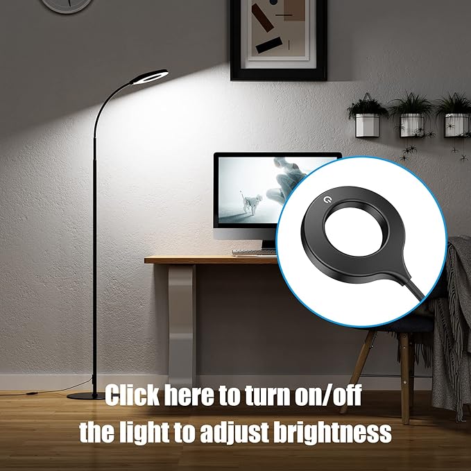 JKSWT LED Floor Lamp, 3 Brightness Levels Eye-Caring Dimmable Standing Reading Lamp 4000K Colors temperatures with Adjustable Gooseneck for Living Room Bedroom Reading - Black