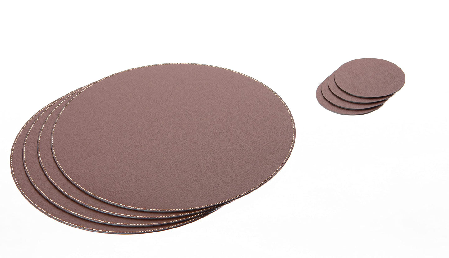 Nikalaz Set of Small Round Brown Placemats and Coasters, 4 Table Mats and 4 Coasters, Place mats 12.99 inches, Recycled Leather (Brown)