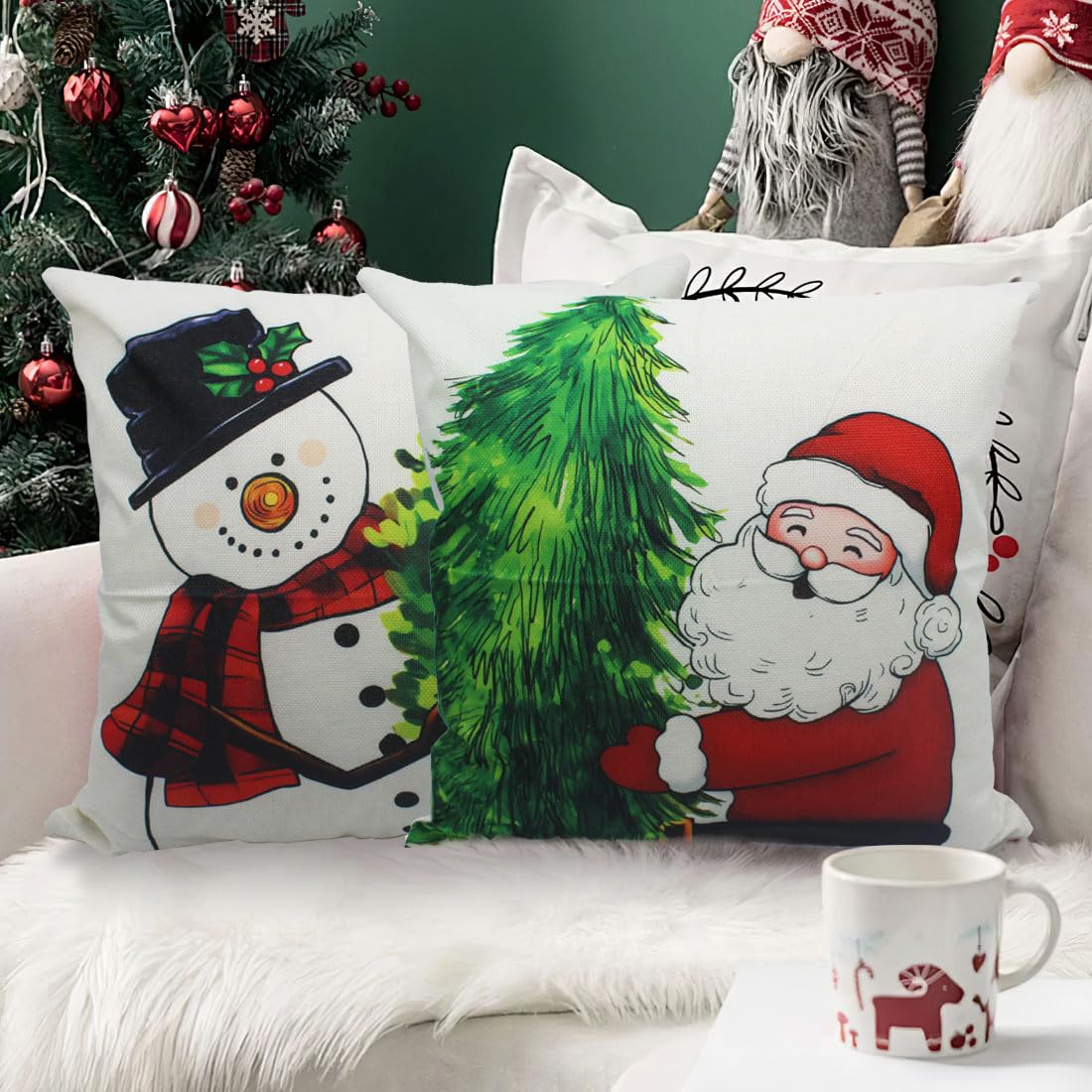 PSDWETS Merry Christmas Pillow Covers 18x18 Set of 4 Christmas Decorations Snowman Santa Claus Wreath Christmas Tree Winter Holiday Decor Throw Cushion Case for Home Couch