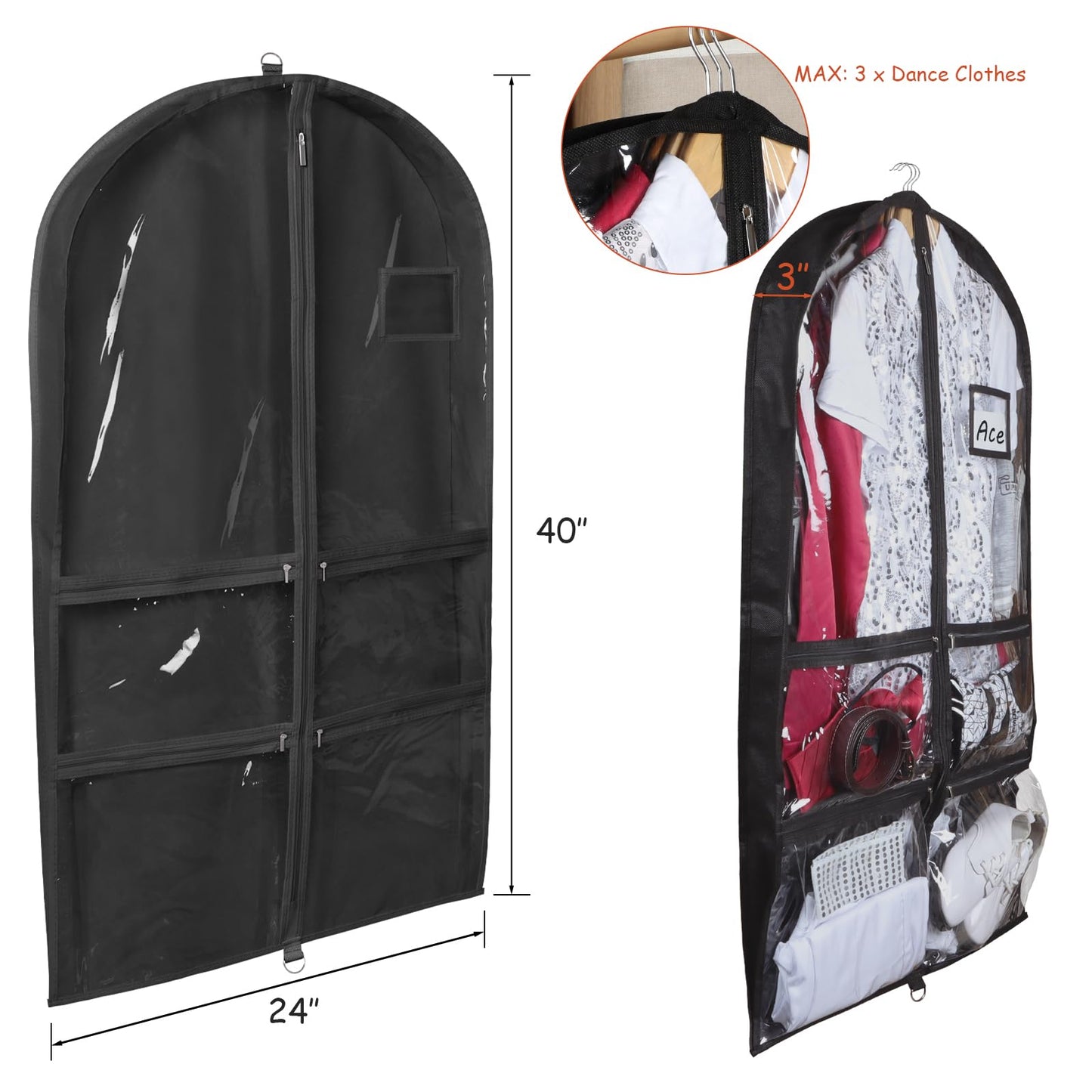 Syeeiex 3" Gusseted Clear Dance Costume Garment Bag(5 Pack), 40'' Dance Garment Bags for Dancers with 4 Zipper Pockets & Can Hold 1-3 Dance Costumes - Suitable for Dance Competitions, Ballet(Black)