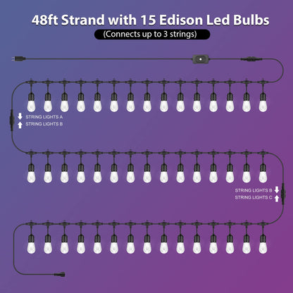 Mlambert 48FT Outdoor Patio Lights Waterproof Dimmable with Remote, RGB Cafe LED String Light with 15 Shatterproof Bulbs for Bistro Party-Black 1 Pack
