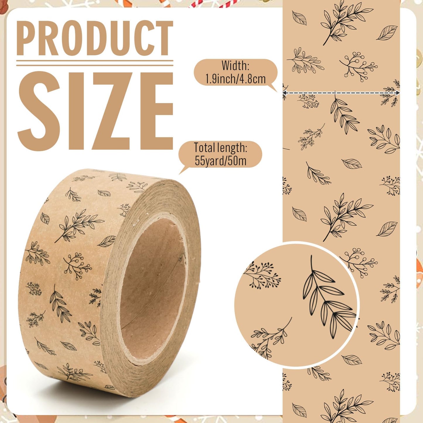 FYSUIMU 55 Yard Kraft Paper Packing Tape Botanical Leaves Brown Gift Wrapping Tapes Waterproof Shipping Tape for Small Business DIY Crafts Box Carton Decor