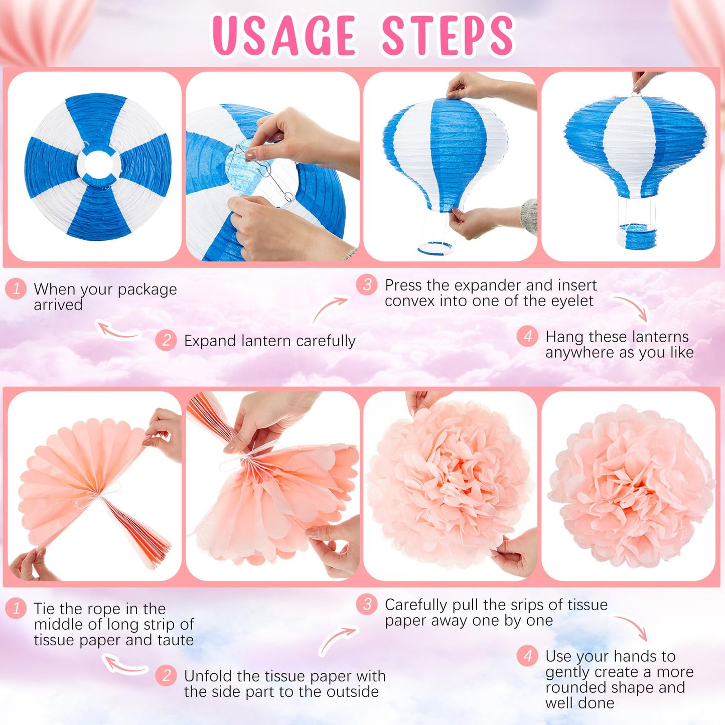 Hortsun 36 Pcs Hot Air Balloon Decorations Include 6 Hanging Hot Air Balloon Paper Lanterns 6 Paper Flowers 12 Hanging Cards 12 Spiral Decor for Wedding Birthday Anniversary Christmas Party Decor