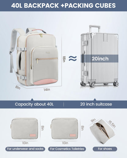 LOVEVOOK Carry on Travel Backpack, 40L Waterproof Large 17inch Laptop Luggage Daypack as Personal Item Flight Approved, Business Weekender Overnight with 3 Packing Cubes, Light gray-Pink