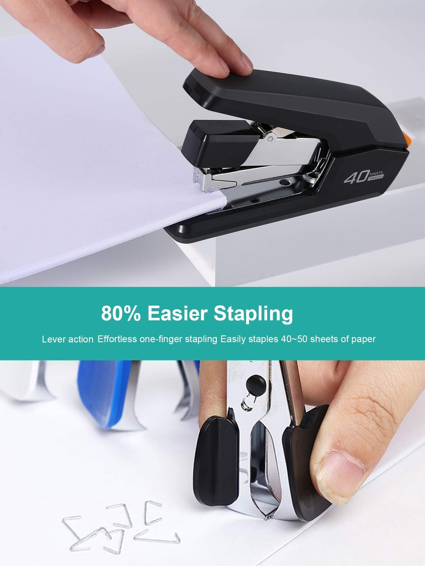 Leven Effortless Desktop Stapler, 40 Sheet Capacity, One Finger Touch Stapling, Easy to Load Ergonomic Heavy Duty Stapler, Includes 1500 Staples and Staple Remover