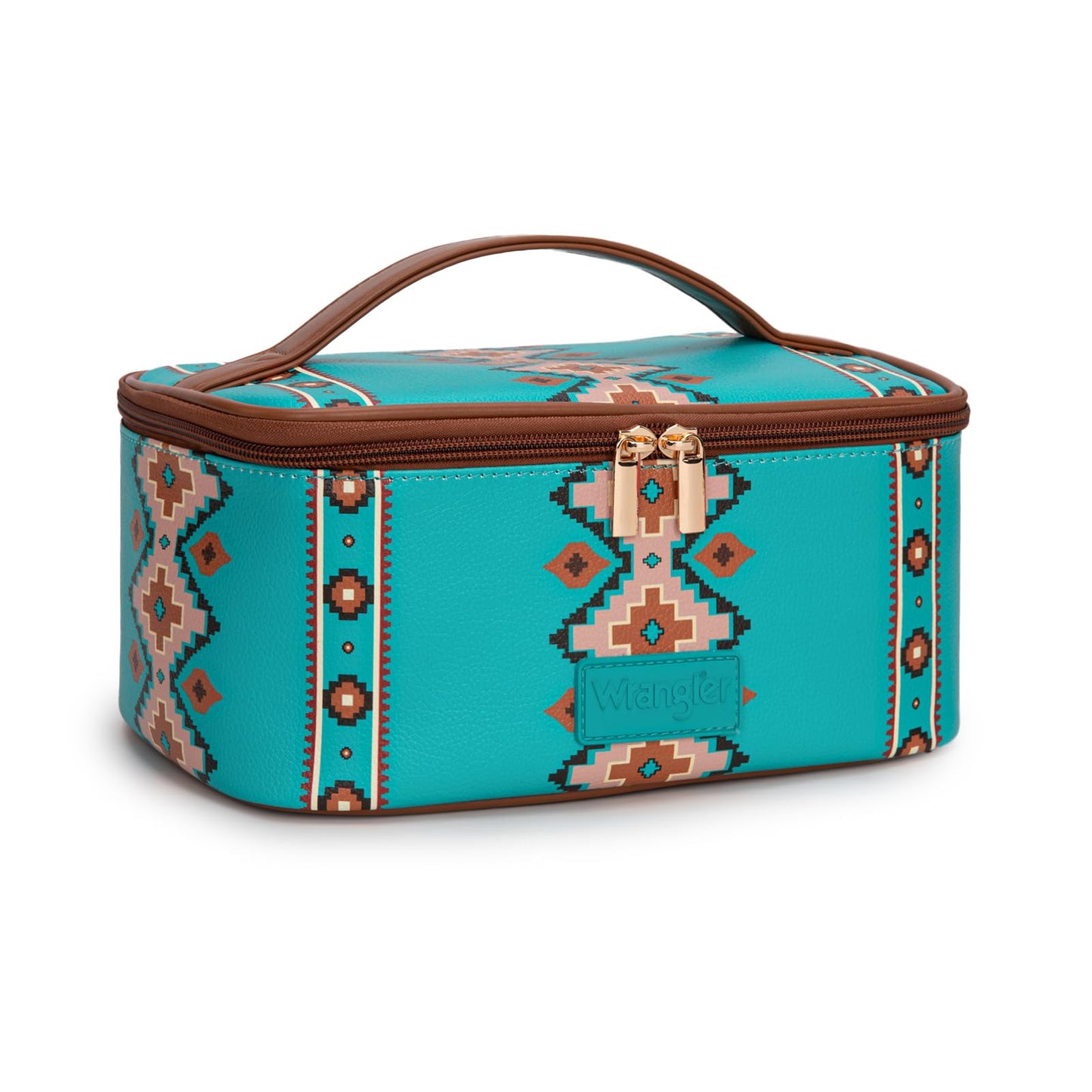 Montana West X Wrangler Travel Makeup Bag 2pcs Set Large Cosmetic Bag with Makeup Brush Holder Portable Make Up Organizer Cute Toiletry Bag with Divider and Handle for Women Aztec