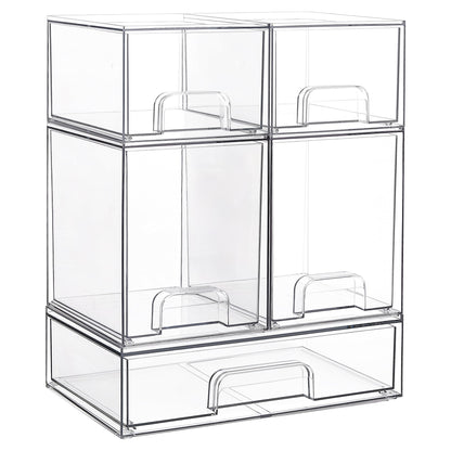 Vtopmart Stackable Storage Drawers Set of 5, Clear Plastic Organizer Bins for Baby Bottle, Beauty Supplies Storage, Ideal for Kichen Countertop, Vanity, Bathroom, Cabinet, Pantry Organization