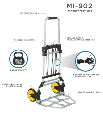 Mount-It! Folding Hand Truck and Personal Dolly, Aluminum Trolley, Heavy Duty 264 Lb Capacity Cart, Dolly Cart with Wheels of Durable Rubber, Soft Grip Telescoping Handle for Indoor Outdoor, Foldable