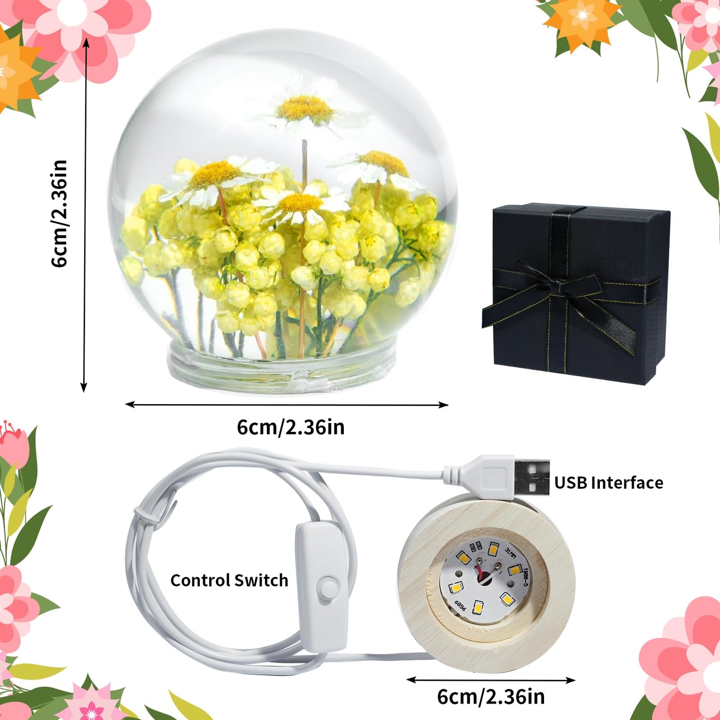 QNCMBUG Chamomile Crystal Ball Night Light - Real Chamomile Encased in Glowing Resin Ball, USB-Powered Desk Lamp with Wood Base, Unique Daisy Gift for Valentine's Day, Mother's Day & Home Decor