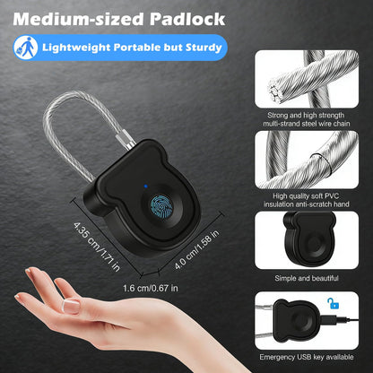 Fingerprint Padlock, Locker Lock with Keyless, Portable Biometric Padlock Combination Locks for Gym Gate Storage, Smart Lock for Locker USB Rechargeable (20 Fingerprint Black B)