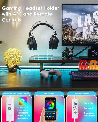 OAPRIRE RGB Headphone Stand with 213 Modes 60K Colors, Music Rhythm Sync, Acrylic Headphone Stand for Desk Enhances Gaming Setup Experience, Gaming Headset Holder with APP & Wired Controller