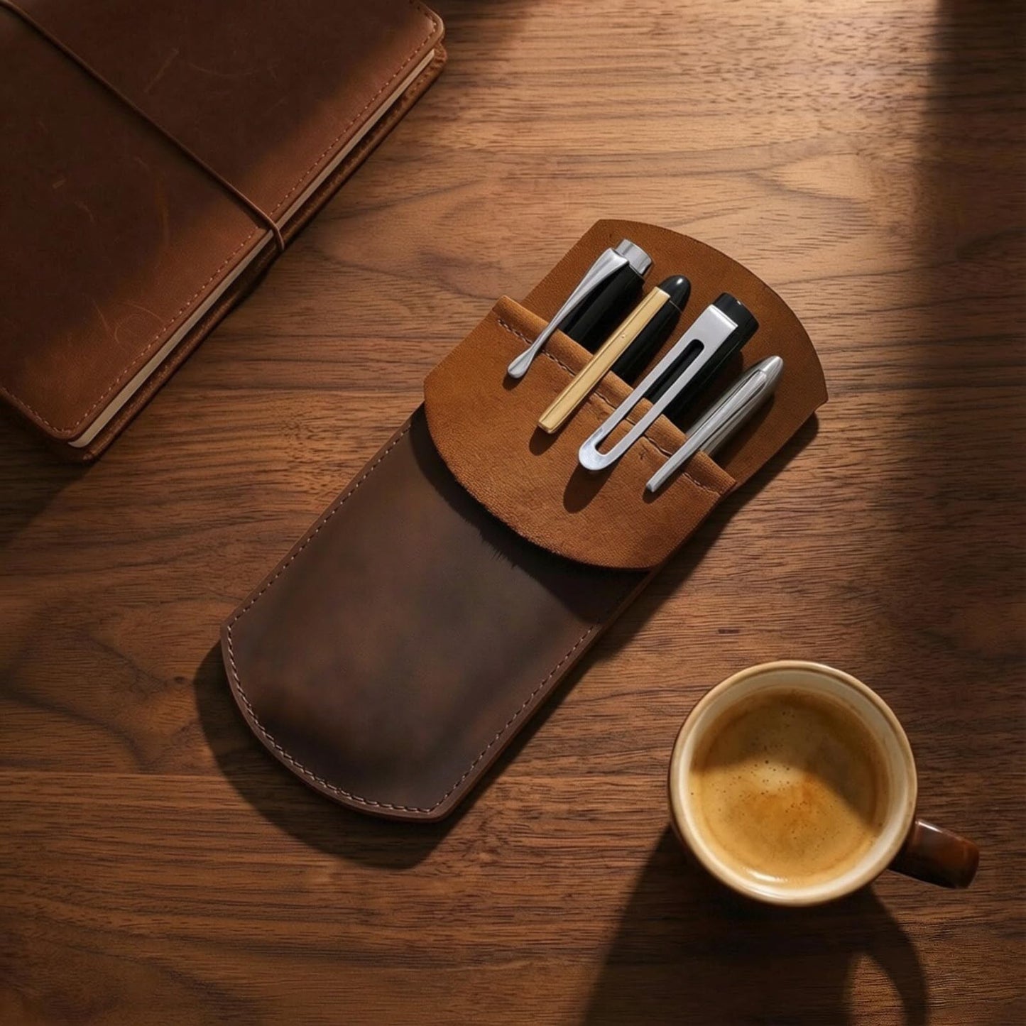 Yeedonzo Leather Pen Case Holder, Handmade Crazy Horse Pen Protector for Fountain Pens, Pen Holder, Pencil Case, Pen Pouch Genuine Leather (Brown, 4 Pen)
