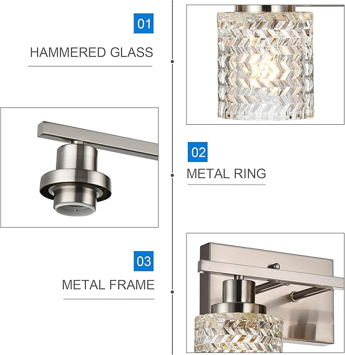 MELUCEE 2-Light Wall Sconce Lighting with Hammered Glass Shade, Brushed Nickel Bathroom Lights Over Mirror, Modern Vanity Lighting Fixtures for Porch Entryway Stair