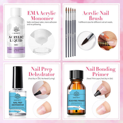 BORN PRETTY Acrylic Nail Kit - Acrylic Powder (Clear, White, Pink) & Liquid Set with Nail Forms, Brush Pen, File & Glass Container - Beginner Friendly