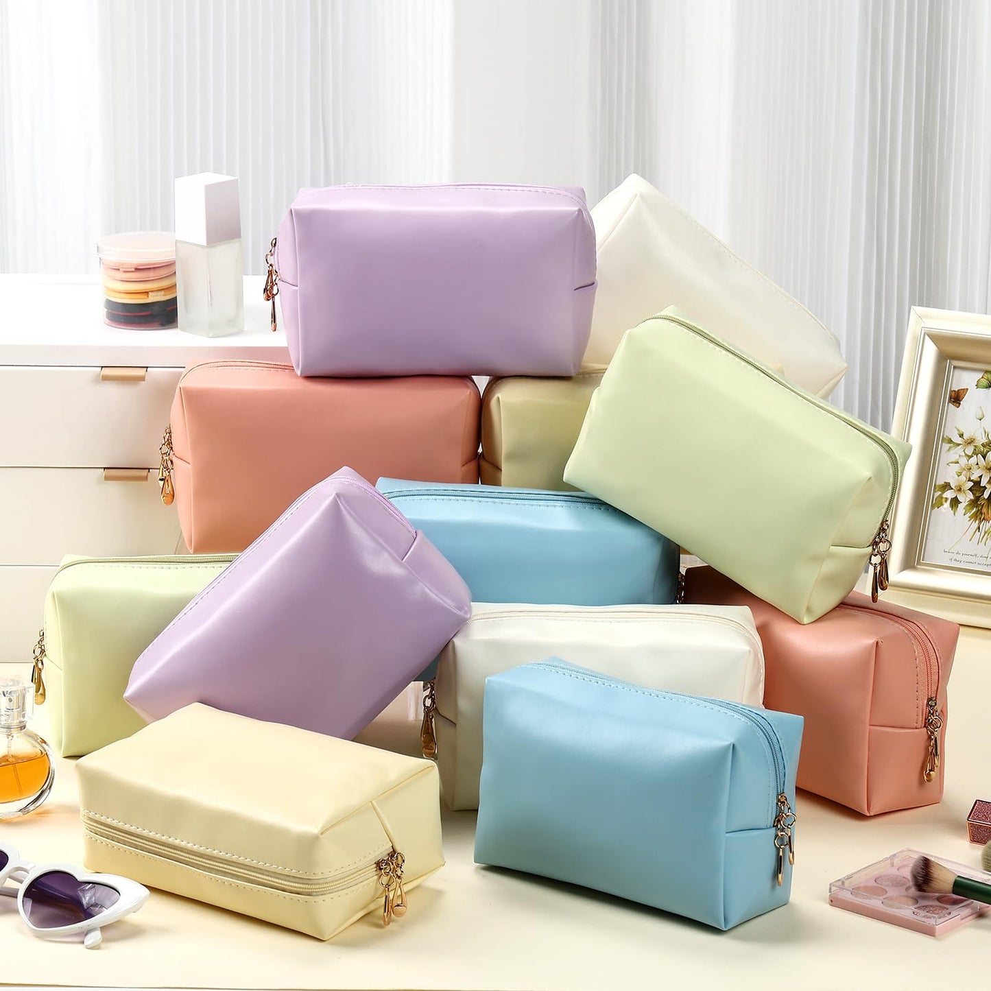 Kigeli 12 Pcs PU Leather Makeup Bag Bulk Small Macaron Preppy Cosmetic Pouch with Zipper Wedding Bridesmaid Gift Waterproof Mini Toiletry Bag for Purse, Aesthetic Travel Organizer for Girls Women