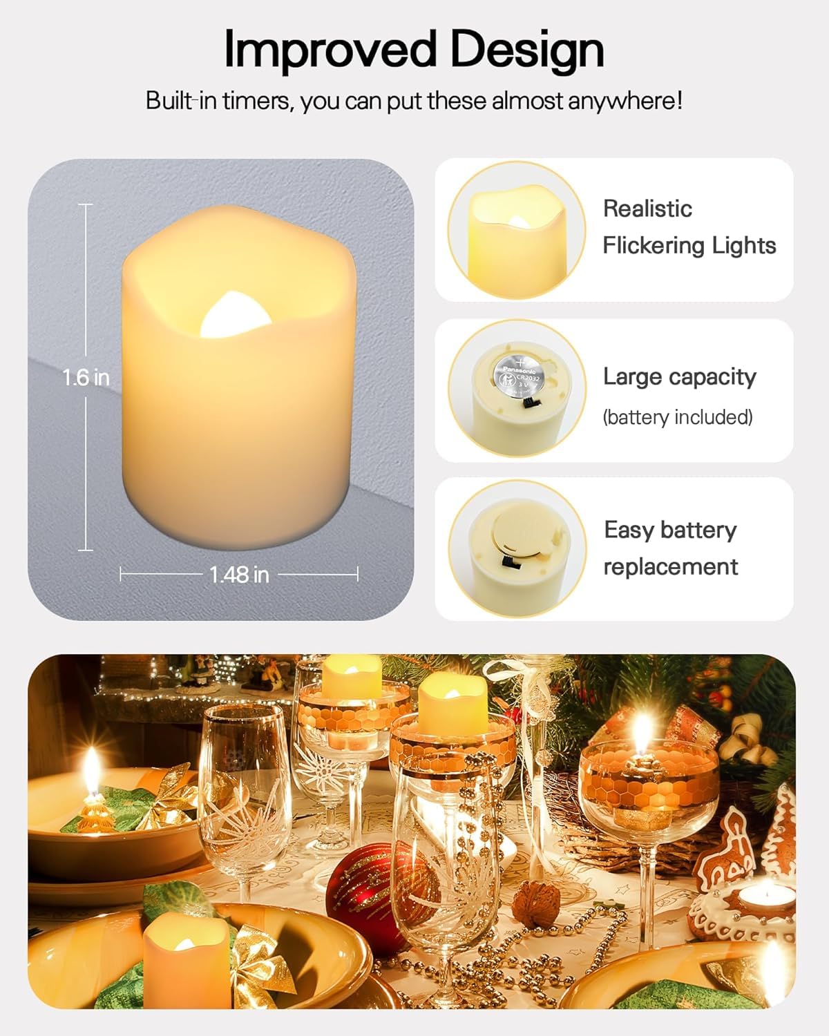 SHYMERY Flickering Flameless Votive Candles with Timer, 24 Pack 15 Days Longer Battery Operated LED Tea Lights in Warm White for Wedding,Table,Festival Celebration,Halloween,Christmas Decorations
