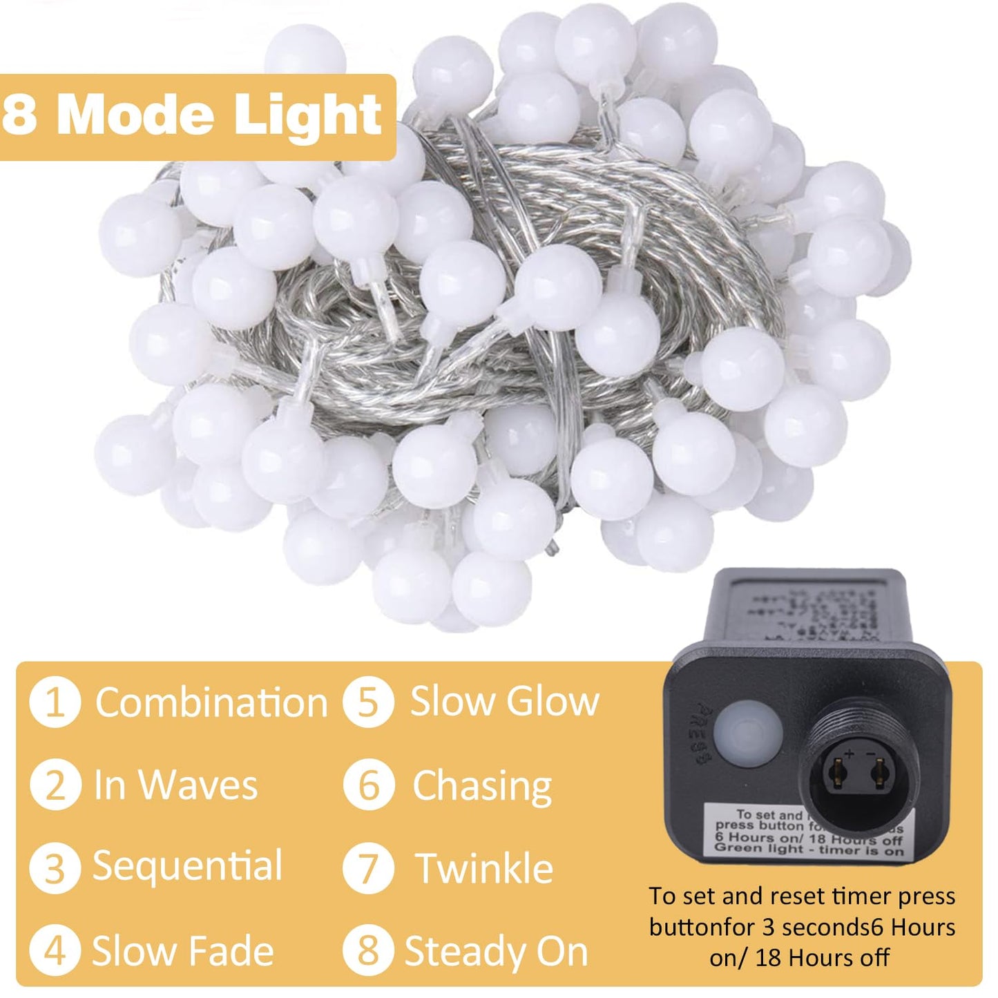 Ogrmar 49 ft 100 LED Globe Ball String Lights 8 Modes Fairy String Lights with Remote, Timer Function & Connectable for Indoor Outdoor Wedding Birthday Christmas Tree Garden Decor (100, White)