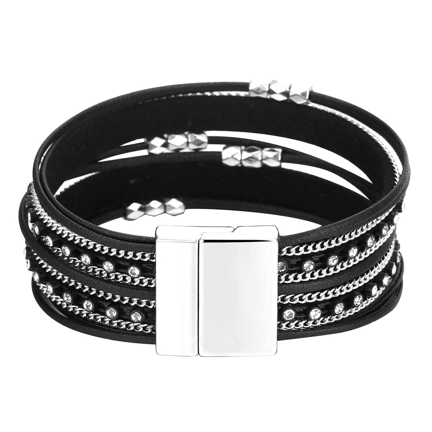 Fesciory Leather Wrap Bracelets for Women, Boho Leopard Multi-Layer Crystal Beads Cuff Bracelet Jewelry (Short Black)